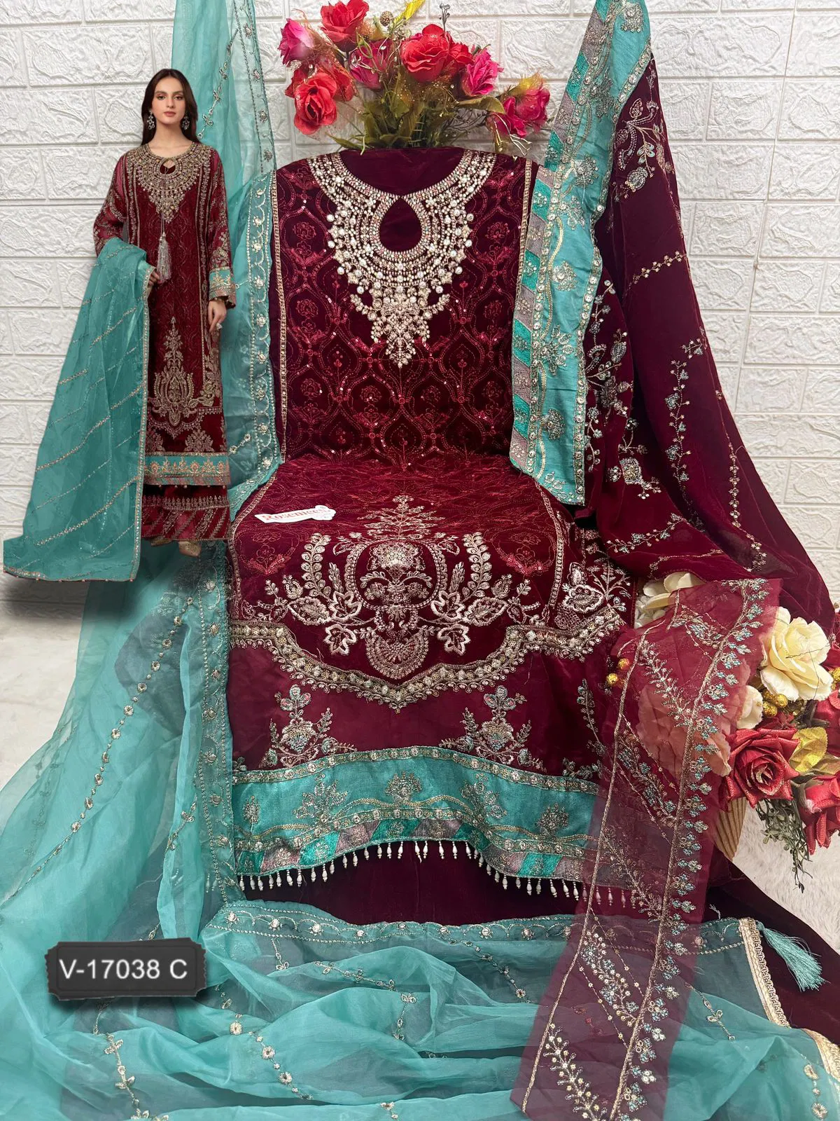 V 17038 Rosemeen By Fepic Velvet Embroidery Pakistani Suits Wholesale Market